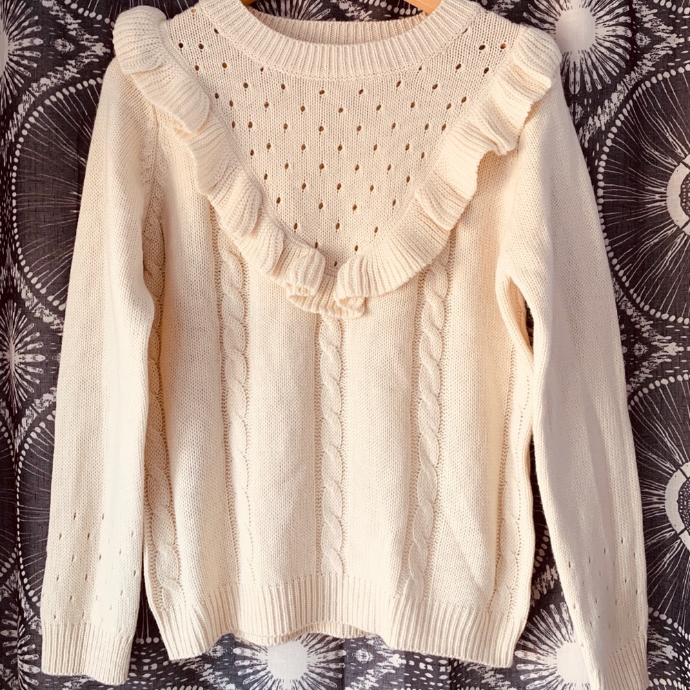 Cream Cable Knit Ruffle Sweater Size S